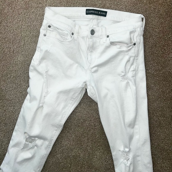 Express Mid Rise White Distressed Stretch Skinny Jeans (has color discoloration) - Picture 3 of 9